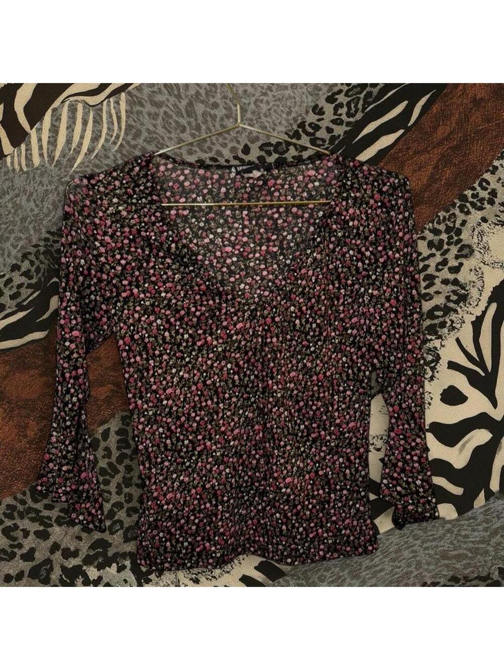 Fashion Bug black & pink floral blouse with bell sleeves